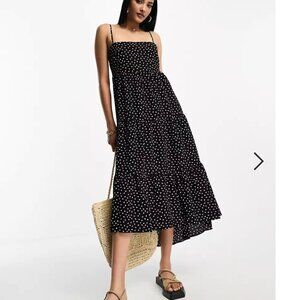 Black & White Polkadot Open Back Tiered Maxi Dress in Monochromatic Spots